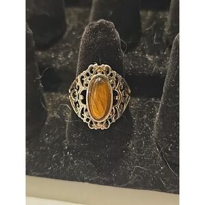 925 Sterling Silver & Tiger's Eye Scrolling Ring SIgned RJ Oval Cabochon Sz 7